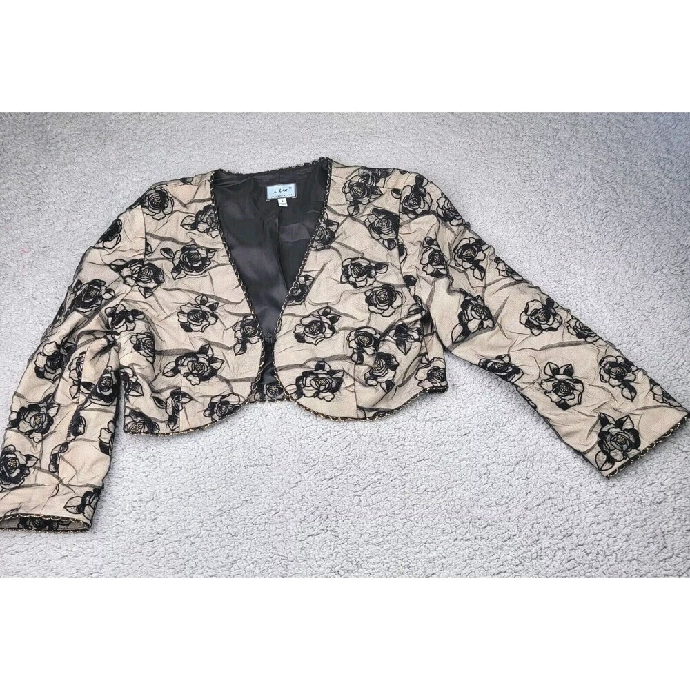 i.t.w. by Claude Brown Bolero Cropped Jacket Womens 6 Beige & Black Embroidered